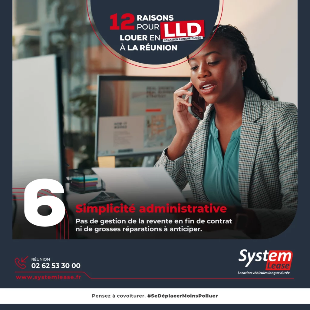 Femme cadre au téléphone illustrant la simplicité administrative de la LLD Réunion, sans gestion de revente ni grosses réparations à anticiper.
