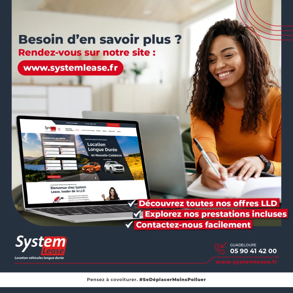 Professionnelle consultant le site System Lease pour souscrire une offre de location longue durée de véhicule en Guadeloupe